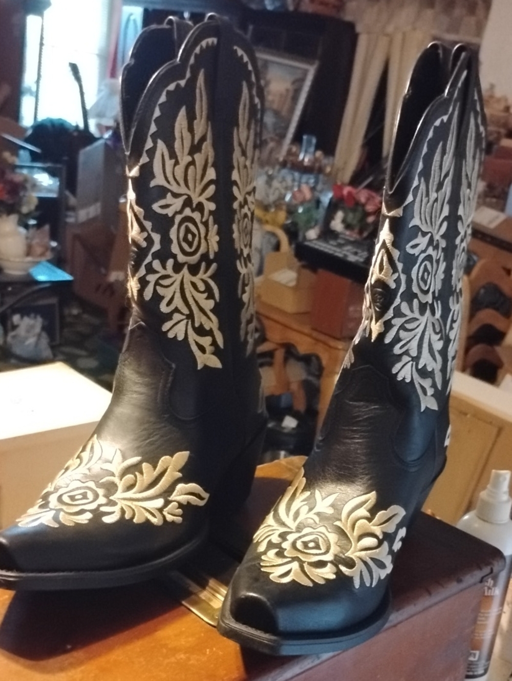 Black Embroidered Peep-Toe Western Boots - Women